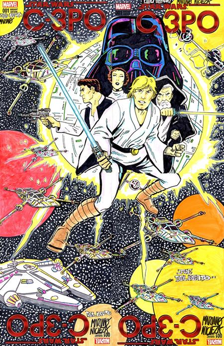 DF MARVEL COMICS COMMISSIONED COVER ART FOUR PIECE BLANK VARIANT CONNECTING SET SIGNED AND REMARKED BY MARIANO NICIEZA AND JOE DELBEATO WITH A CLASSIC STAR WARS #1